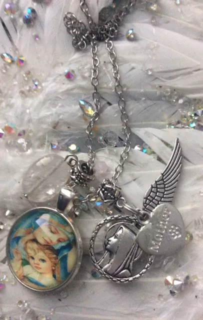 Code 980 Quartz Clear Infused Necklace Mother Mary Angel Wing