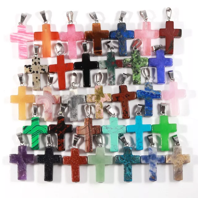 Charms Cross Necklace Pendants Healing Chakra Natural Stone Beads 18x25mm