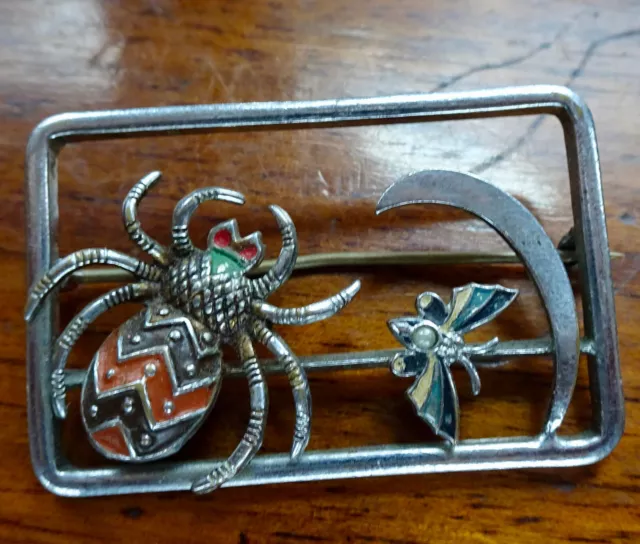 antique art deco multi colur enamel PEARL spider butterfly brooch c pin -240