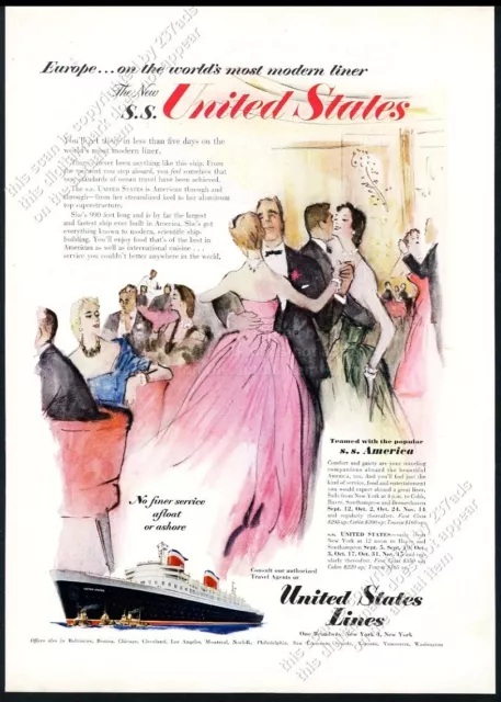 1952 SS United States ship color art United States Lines travel vintage print ad