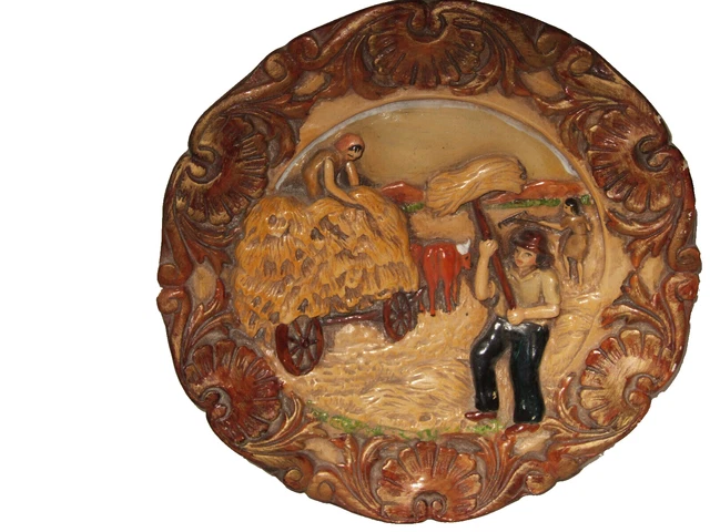 alte Keramik-Wandtafel; mehrfarbige Szene aus Landwirtschaft; Durchm. 21 cm
