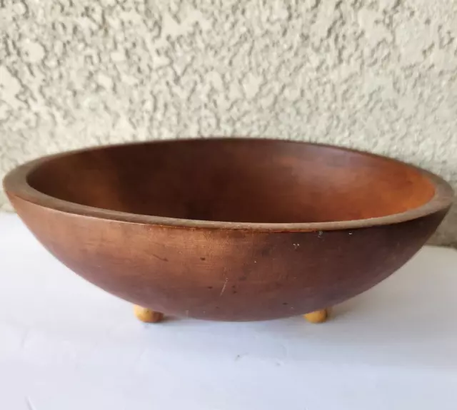 Vintage Munising Wooden Primitive Decor Bowl Footed with 3-Small Ball Feet 13.5"