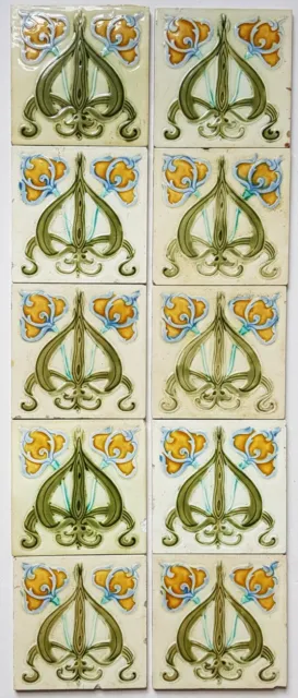 10 Reclaimed Antique Art Nouveau Fireplace Tile Set C F G
