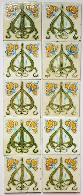 10 Reclaimed Antique Art Nouveau Fireplace Tile Set C F G