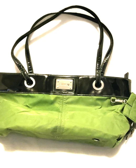 Emma Q Black & Lime Green Purse Handbag Large Patent Leather Straps 13" x 15"