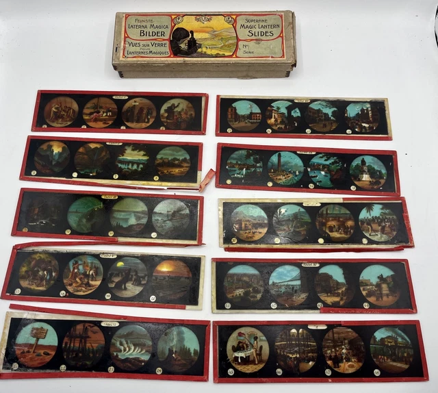 11 Plaques De Verre Peintes à La Main Pour Lanterne Magique Avec Boîte D'origine - Vintage