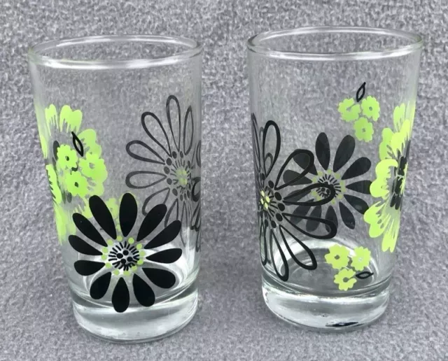 2 Libbey's Green & Black MCM Retro Floral Flowers Juice Glasses