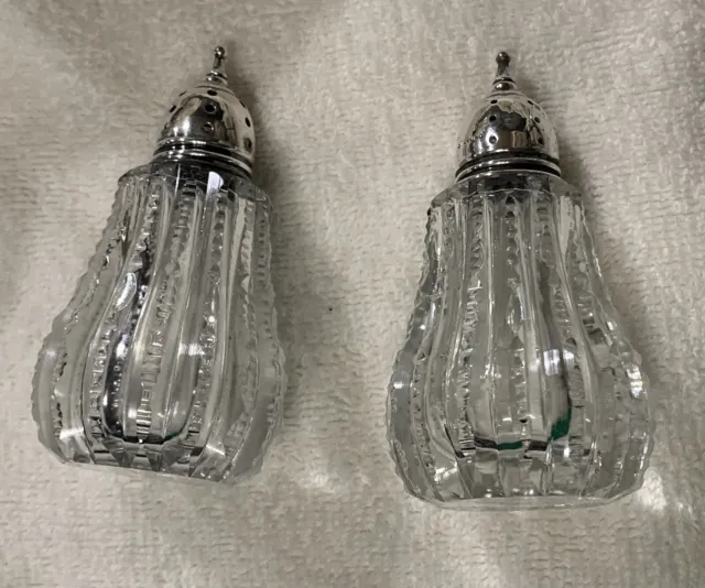 Pair Of Vintage Cut Glass Salt and Pepper Shakers w/Sterling Silver Lids