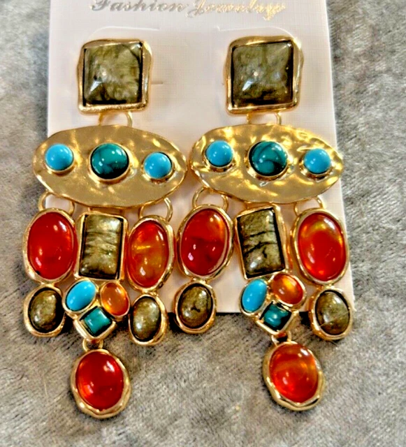 STUNNING ZARA MULTI Colour Glass Crystal Stone Geometric Double