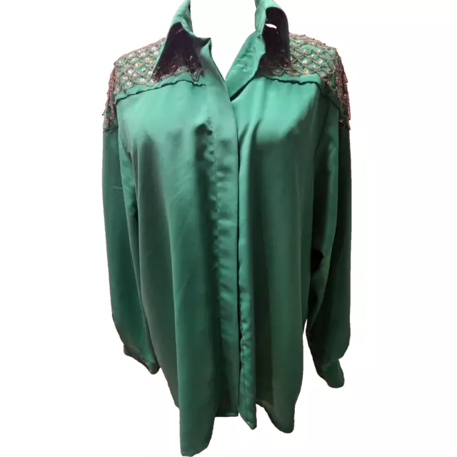 VINTAGE HARBOR VUE Green Mermaid Beading Sequin Shoulder Top Shirt 12 ...