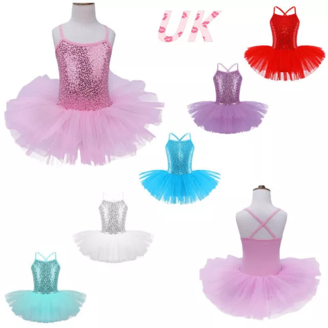 UK Girls Ballet Dance Dress Sequins Ballerina Mesh Tutu Skirted Leotard Costume