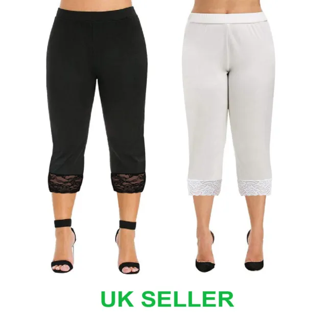 WOMENS CROPPED LEGGINGS Trim Lace 3/4 Length Casual Cotton Wide Legs UK  Sizes £8.99 - PicClick UK
