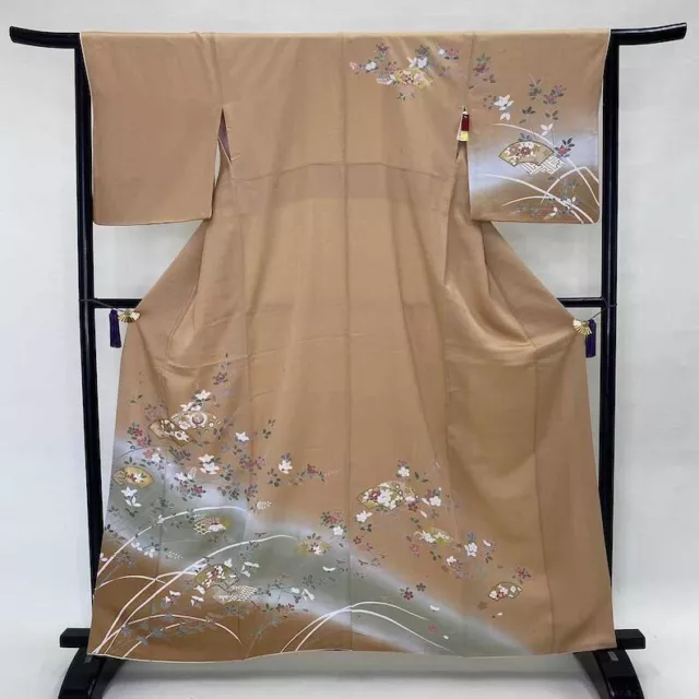 Japanese Kimono "HOUMONGI" Silk M size A rank gray orange crane kimono 1160
