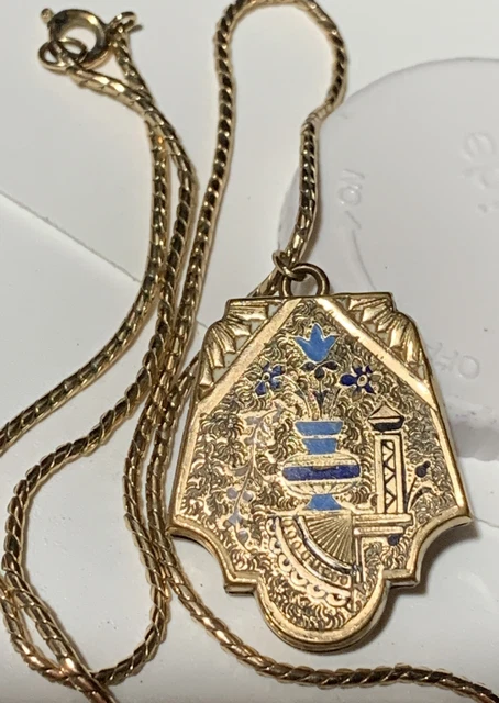 Victorian Blue Enamel 10K GF Locket Fob Taille D’Epargne 10K GF Rope Chain 16”