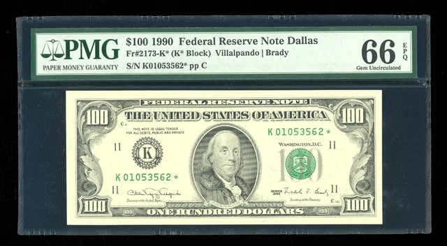 DBR 1990 $100 FRN Dallas STAR Gem Fr. 2173-K* PMG 66 EPQ Serial K01053562*