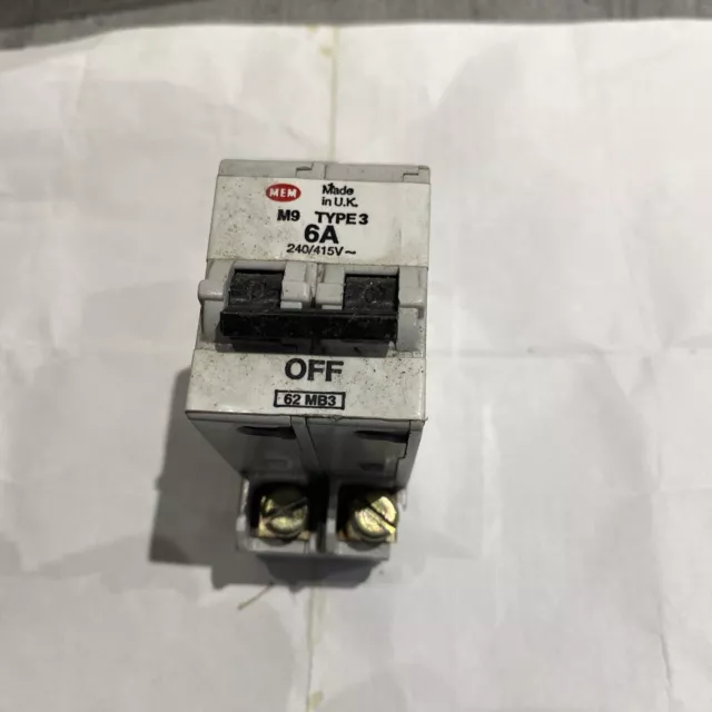 Mem 6Amp M9 Type 3 Double Pole Dp 2P Mcb Fuse Switch