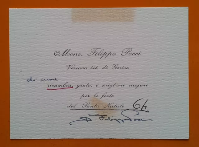 Biglietto d'auguri per il Natale 1964 Autografo Mons. Filippo Pocci Vescovo