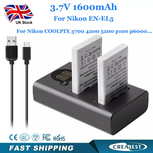 2x EN-EL5 Battery+Charger For Nikon Coolpix P3 P4 P100 P500 P510 P520 P530 P5100