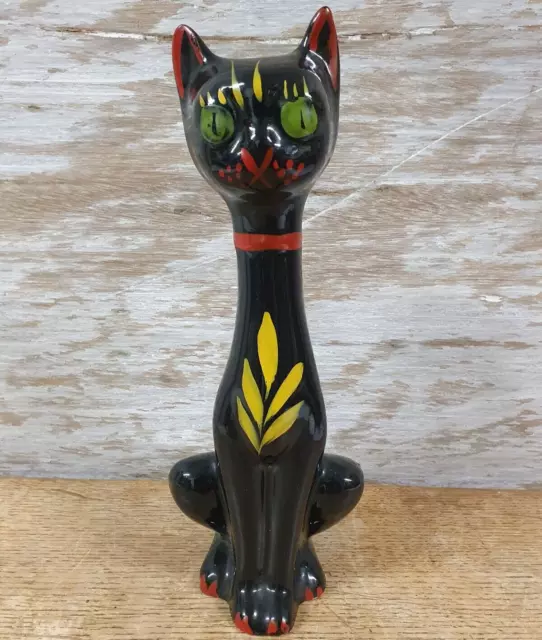 VIntage Black Cat with Long Neck Pottery Figurine Handpainted 30cm 1950s VGC