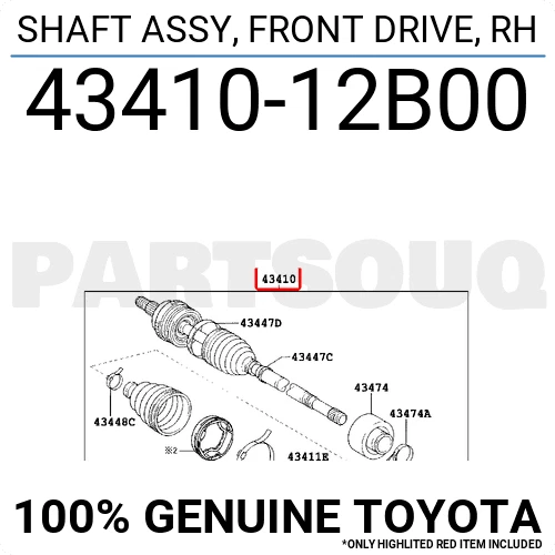 4341012B00 Genuine Toyota SHAFT ASSY, FRONT DRIVE, RH 43410-12B00 OEM
