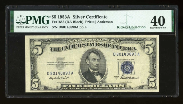 DBR 1953-A $5 Silver Fr. 1656 DA Block PMG XF-40 Serial D80140893A