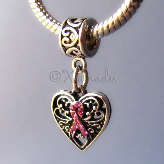 Breast Cancer Awareness Pink Ribbon Charm - Large Hole European Charm Bracelets