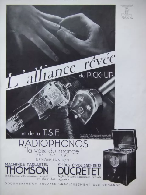 Publicité 1933 Thomson T.s.f. Radiophonos Ducretet Alliance Pick-Up -Advertising