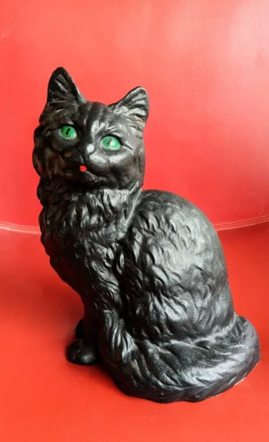 Vintage Black CAST IRON Doorstop  Green Eyes 9" CAT Persian Kitten Hubley Mark