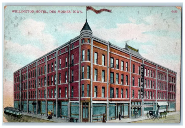 Wellington Hotel Building Exterior Scene Des Moines Iowa IA Antique Postcard