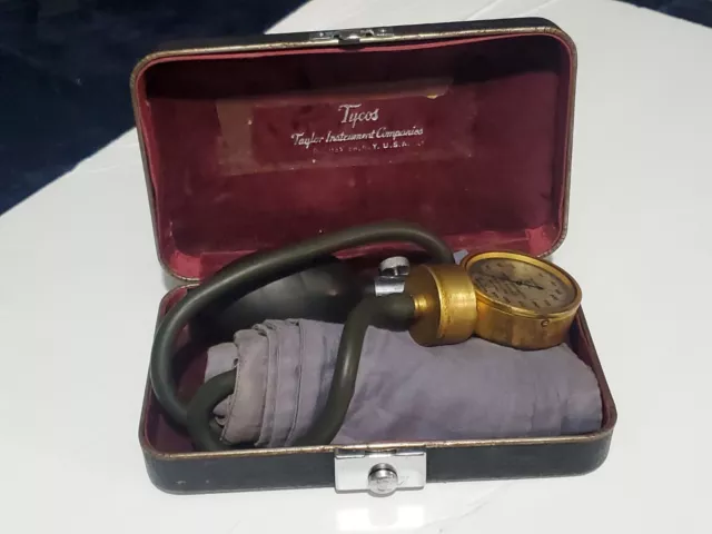 Antique Taylor Tycos Sphygmomanometer Blood Pressure Cuff Rare Metal Case works!