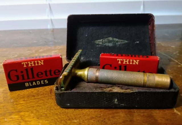 1930's Gillette Open Comb Brass & Copper Razor w/Case & Thin Blades Pat. # 17567