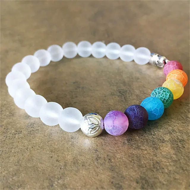 8mm White Frosted Crystal Gemstone Agate Bracelet 7.5 Inches Reiki Spirituality