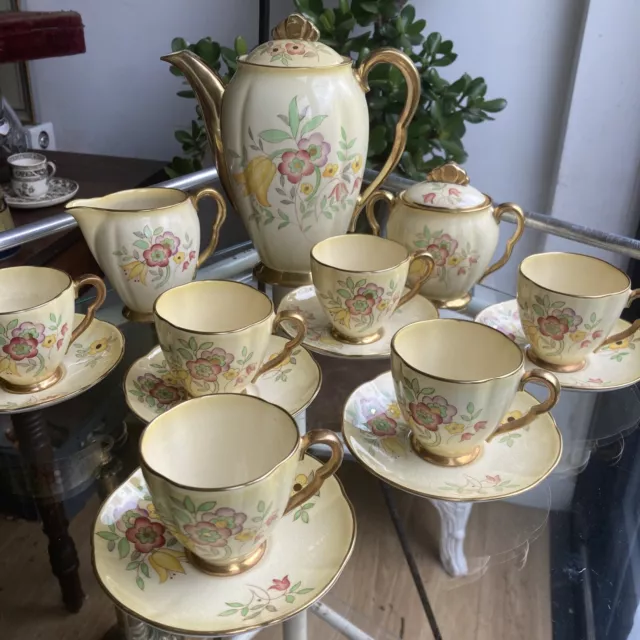 Antique Vintage ART DECO 17 Pce CARLTON WARE CREAM FLORAL & GOLD COFFEE SET