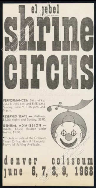 1968 El Jebel Shrine Circus Denver clown symbol art vintage print ad