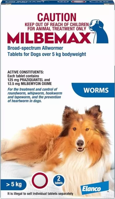 Milbemax Broad Spectrum All Wormer For Dogs Over 5kg 2 Tablets Incl Heartworm