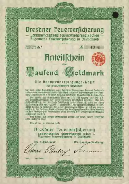 Dresdner Landwirtschaftliche Feuerversicherung 1931 Dresden Gotha Köln Rarer AT