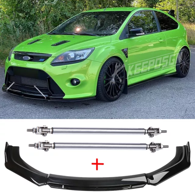 For Ford Focus RS ST Front Bumper Lip Splitter Chin Spoiler Glossy + Strut Rods