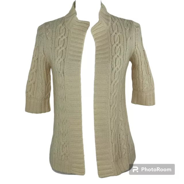 Theory Cardigan Sweater Women Size S 100% Cashmere Ivory Cable Knit Short Sleeve