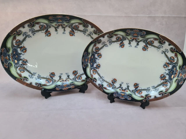 Antique Royal Staffordshire Pottery Iris Blue Polychrome Oval Platters