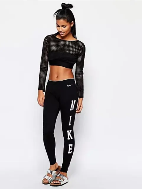 NWT NIKE Women's Athletic Varsity Workout Logo Leggings Pants Black White
