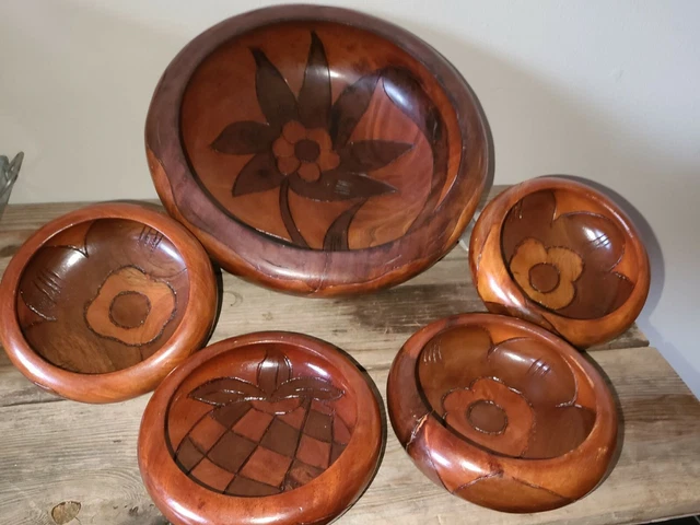 Vintage Boho Wood Bowls Hand Carved Haiti Flower Salad Serving Rustic Primitive