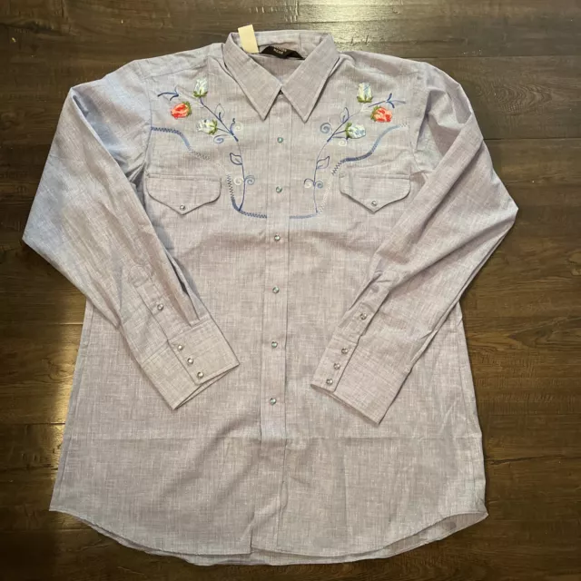 Vintage NOS Sears Western Shirt Mens XL Blue Pearl Snap Embroidered 60s 70s