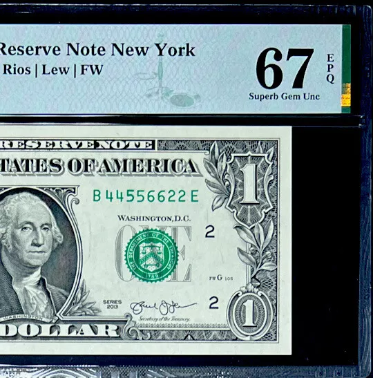 2013 $1 Federal Reserve Note-Ascending Pair Ladder#44556622-Pmg#67Epq Superb Gem