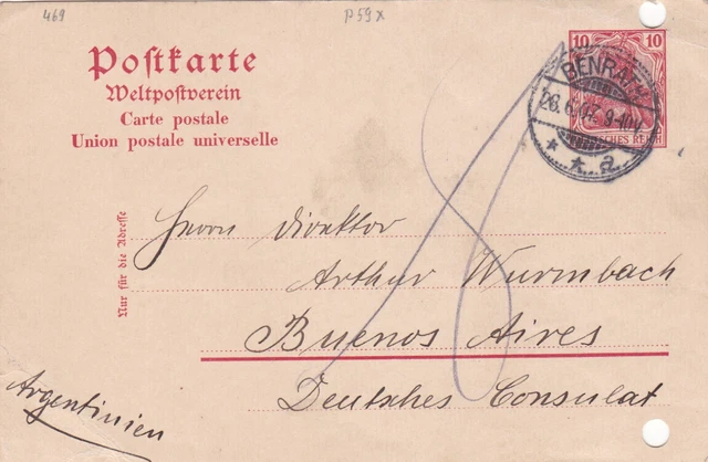 PK Dt.Reich - Argentinien , 1907 , Benrath - Buenos Aires