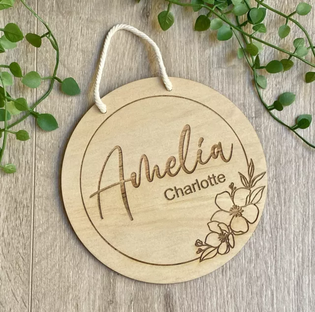 Personalised Wooden Name Sign Plaque | Floral Kids Door Sign |Flower Wall Plaque