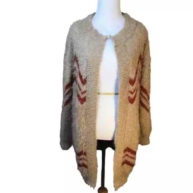 Womens Sz Medium Cardigan Sweater Eyelash Knit Rust/Cream Chevron Oversized Cozy