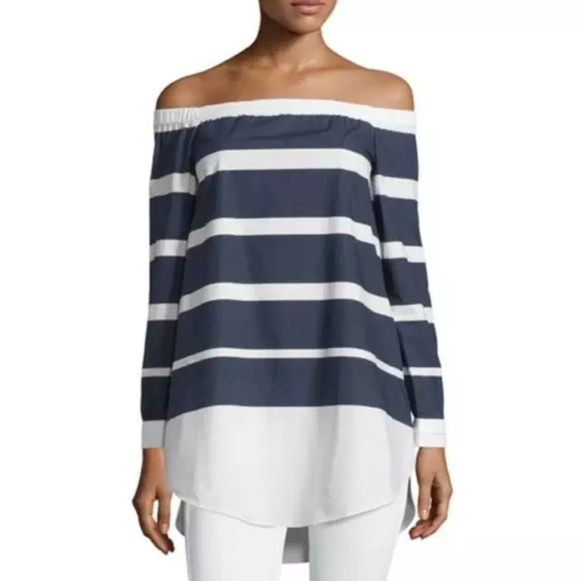 DEREK LAM 10 CROSBY ~ Large 12 ~ Midnight Striped OFF-THE-SHOULDER Poplin Top 95