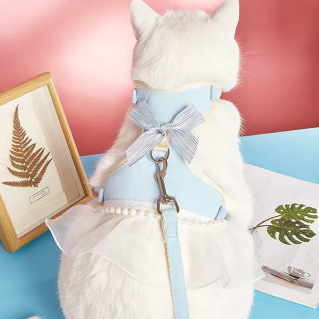 Fancy Girl Dog Dress Harness+Leash Pearl Bowtie Small Pet Puppy Cat Vest Clothes