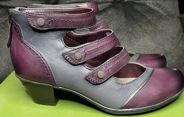 Earth Shoes Womens 7.5 B Serano Gray Purple Leather Triple Strap Bootie Zip Up