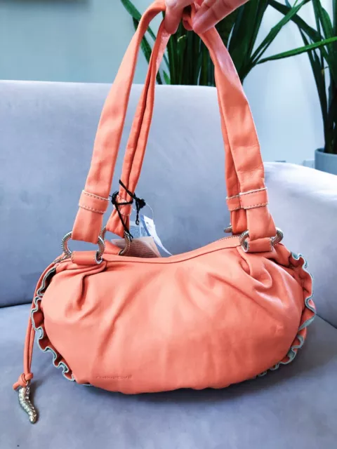 New w/Tags AUTHENTIC RARE Italian Nuovedive Ruffle Satchel Handbag Coral Leather
